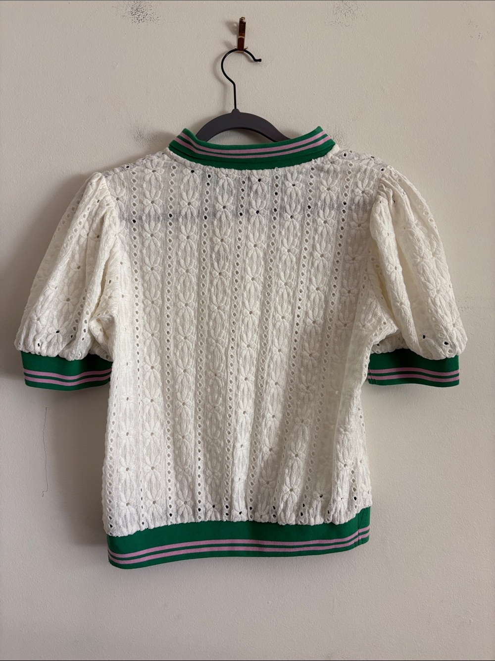 Anthropologie Maeve Puff Sleeve Lace Polo in White Green Size Medium New Tag - Picture 13 of 13
